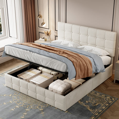 4ft6 Double Upholstered Storage Bed Frame, Velvet Ottoman Bed With Hydraulic Storage, Double Bed With Adjustable Button Tufted Headboard, Metal-Wood Support, No Mattress, Beige
