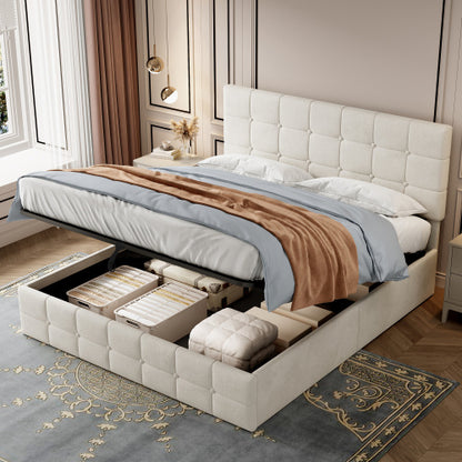 4ft6 Double Upholstered Storage Bed Frame, Velvet Ottoman Bed With Hydraulic Storage, Double Bed With Adjustable Button Tufted Headboard, Metal-Wood Support, No Mattress, Beige