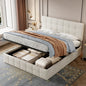4ft6 Double Upholstered Storage Bed Frame, Velvet Ottoman Bed With Hydraulic Storage, Double Bed With Adjustable Button Tufted Headboard, Metal-Wood Support, No Mattress, Beige