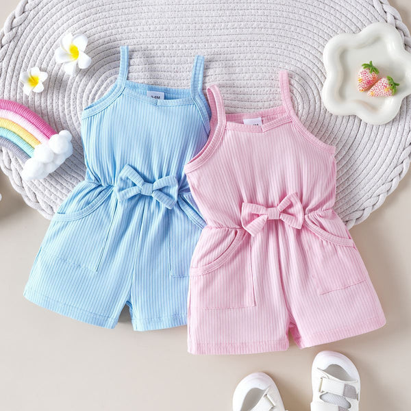 Girls' Striped Bow-Suspender Jumpsuit
