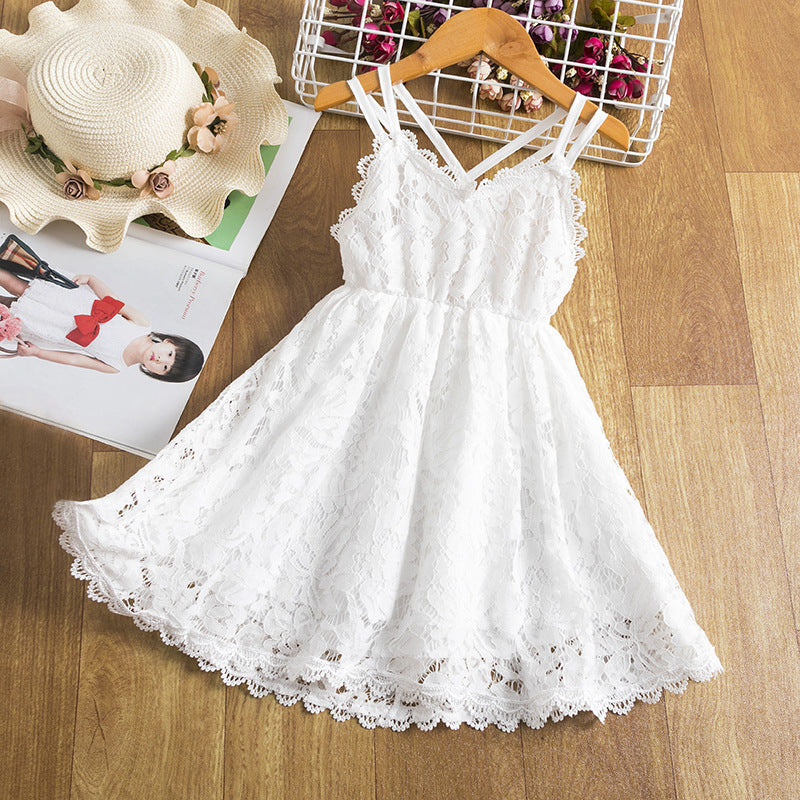 Children's Embroidered Skirt Lace Dress With Suspenders