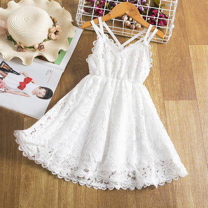 Children's Embroidered Skirt Lace Dress With Suspenders