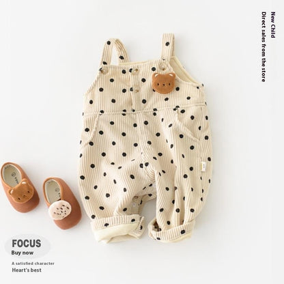 Dots And Stripes Corduroy Fleece-lined Bib Pants