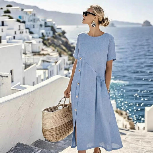 Button-embellished Pleated-pocket Mid-length Dress
