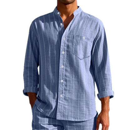 Men's Linen Fashion Shirt Striped Stand-up Collar Loose-fitting Breathable Casual