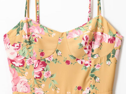 Printed sexy side slit casual strap dress with suspender strap