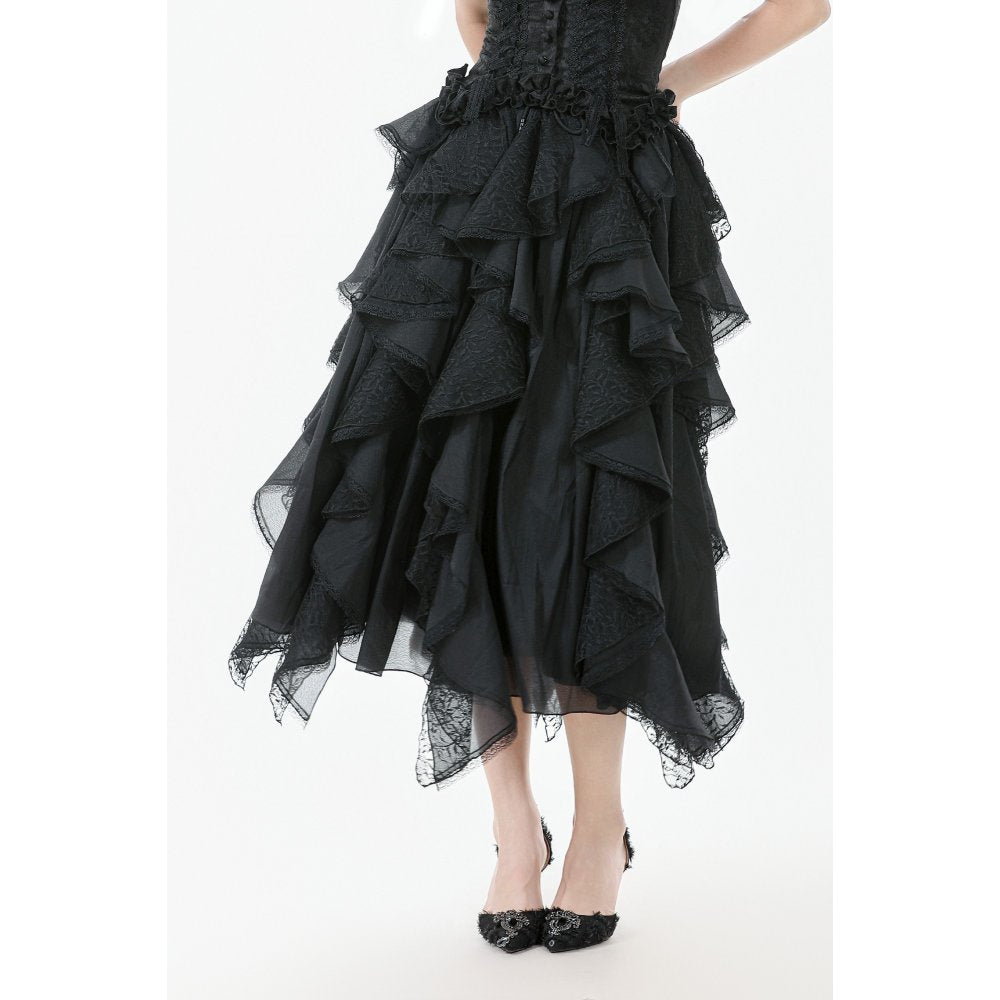 Dark in Love Morrigan Ruffled Goth Midi Skirt in Black