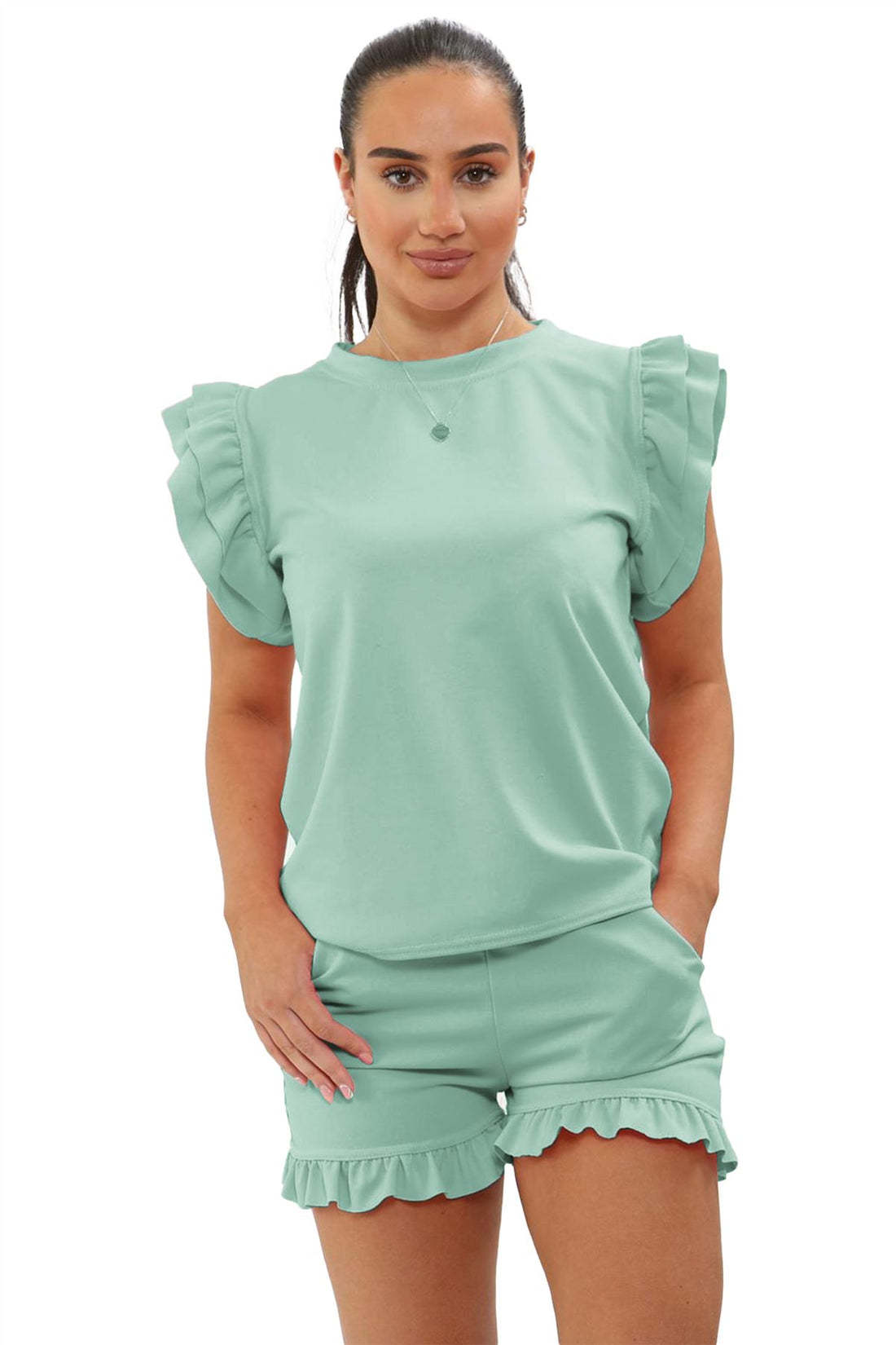Ensemble Haut à Manches Volants Peplum & Short pour Femme – Tenue de Survêtement Décontractée 2 Pièces