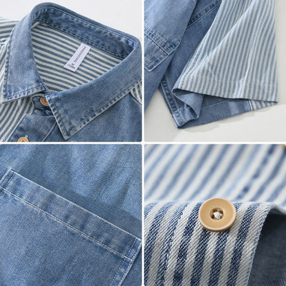 Patchwork Striped Denim Short Sleeve Shirt