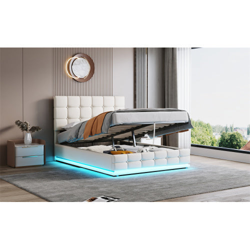 Ottoman Double Bed With LED Lighting, PU Leather Upholstered Bed With Hydraulic Storage, 4ft6 Double Bed Frame With Adjustable Button Tufted Headboard, Cream White No Mattress