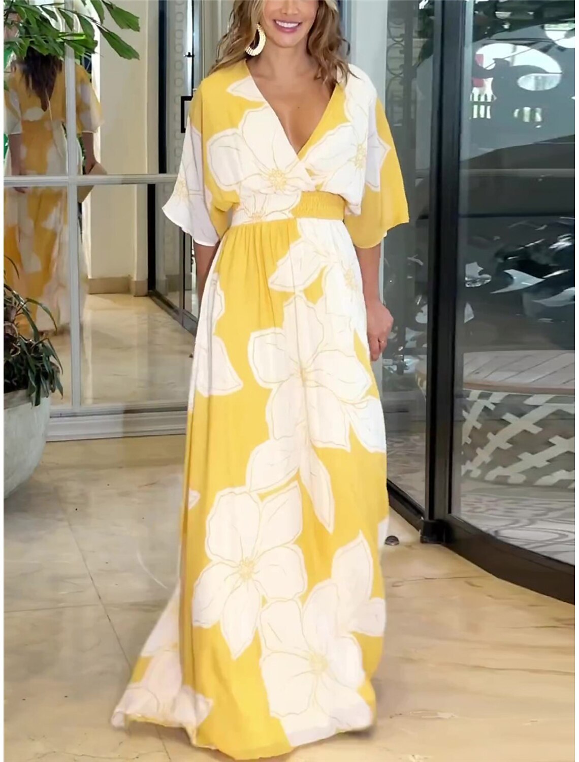 Flower Printed V-neck Batwing-sleeved Dress