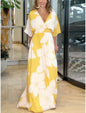 Flower Printed V-neck Batwing-sleeved Dress
