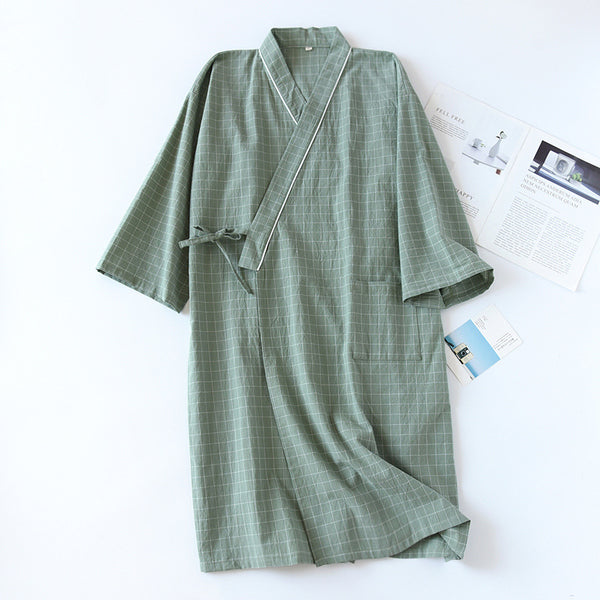 Peignoir Kimono Japonais Homme Printemps et Été en Gaze de Coton Lavé