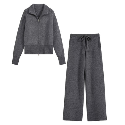Zipper large collar knitted sweater+pants set for women