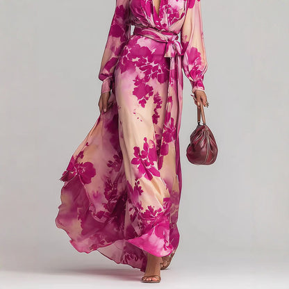 Printed Chiffon Long Sleeve V-Neck Tie-Up Dress