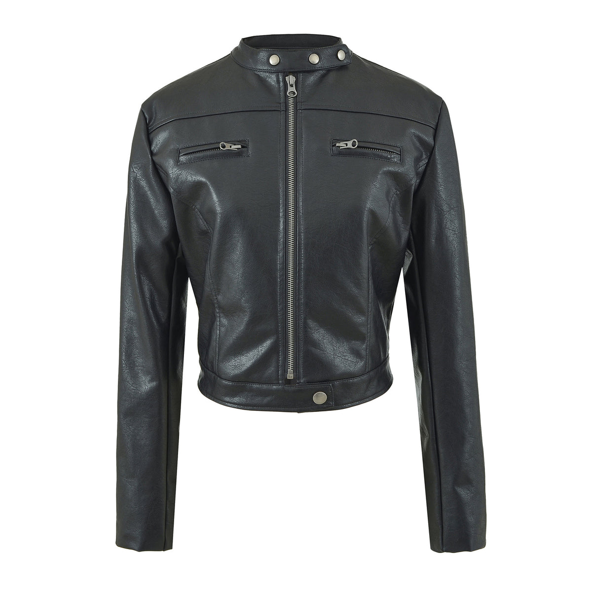 Vintage Brown PU Leather Zip-Up Stand Collar Cropped Jacket