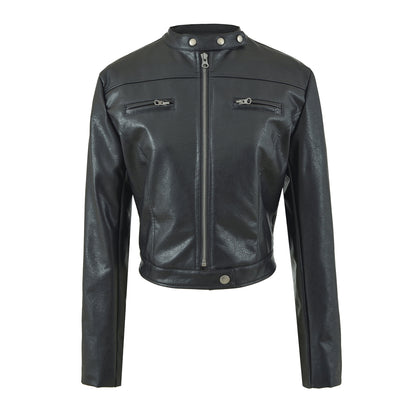 Vintage Brown PU Leather Zip-Up Stand Collar Cropped Jacket