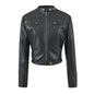 Vintage Brown PU Leather Zip-Up Stand Collar Cropped Jacket