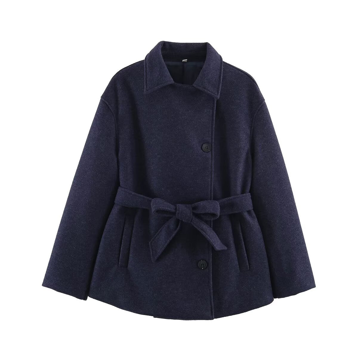 Slanted breasted buckle with waist belt woolen coat for women