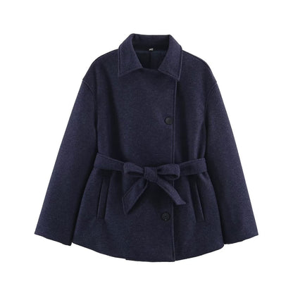 Slanted breasted buckle with waist belt woolen coat for women