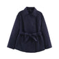 Slanted breasted buckle with waist belt woolen coat for women