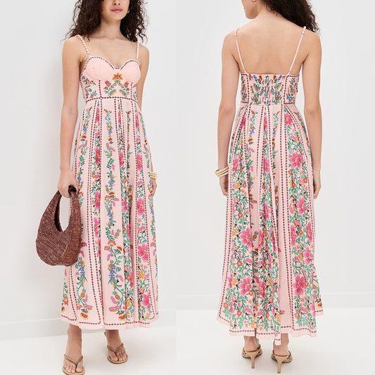 Decorative Beads Sling Positioning Print Dress