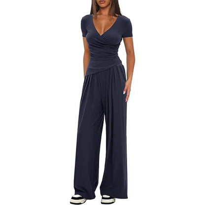 Women's Short Sleeve Sportswear & Wide Leg Pants Set