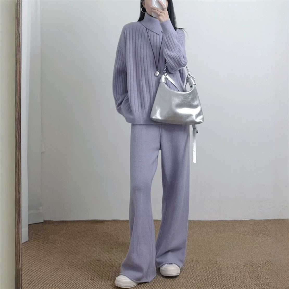 Collar sweater solid color straight leg pants two-piece set