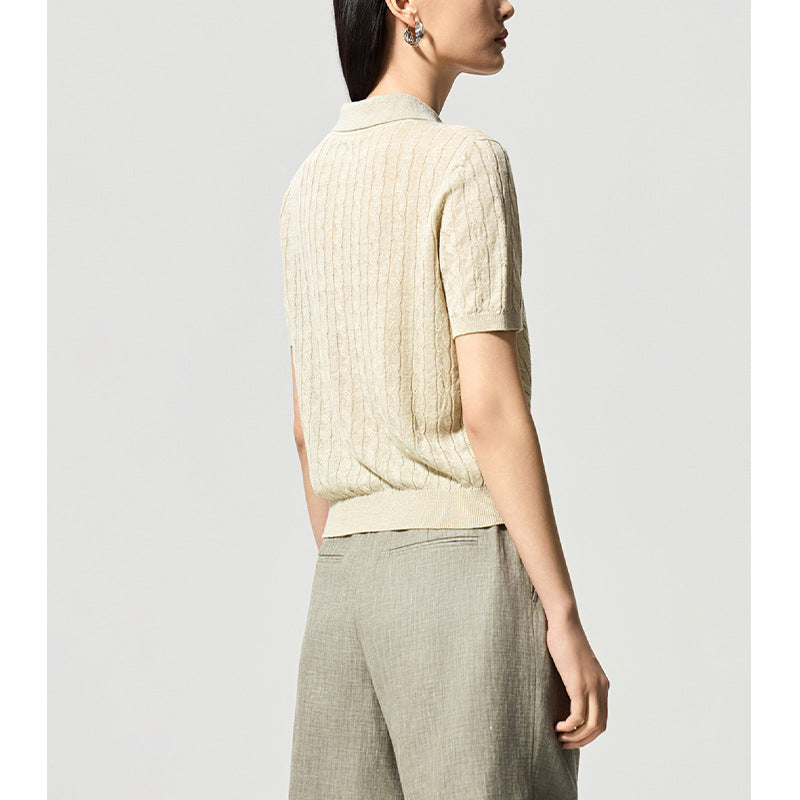 Vintage Preppy Style Polo Neck Linen Knit Short Sleeve