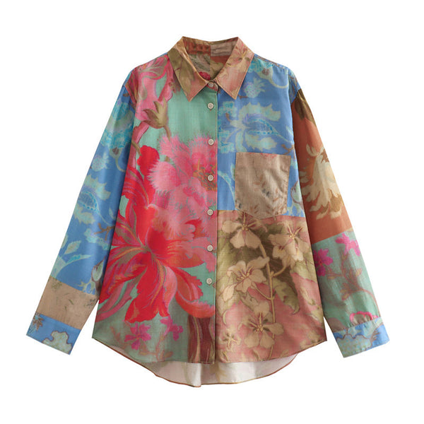 color blocked printed loose shirt with lace up straight leg pants set