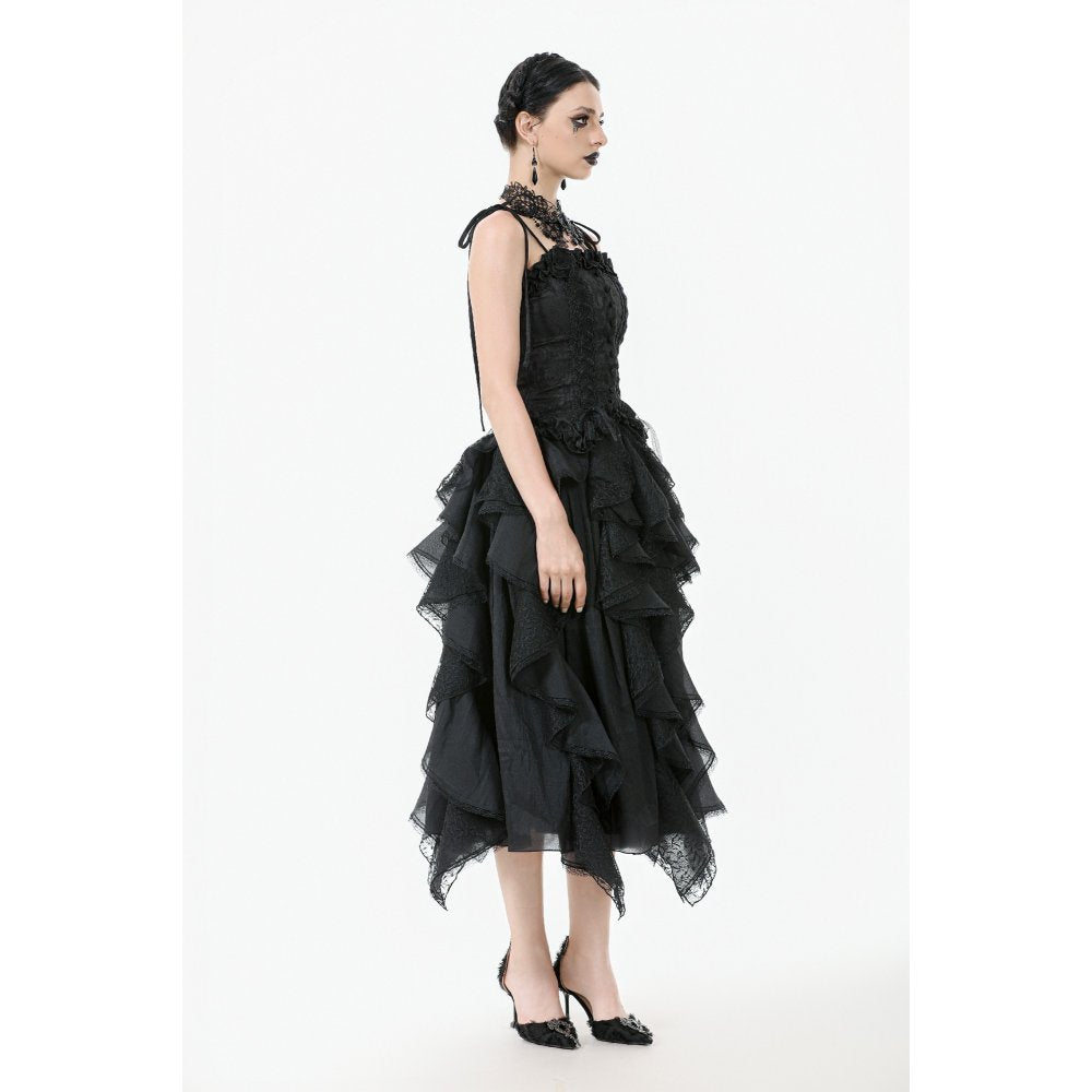 Dark in Love Morrigan Ruffled Goth Midi Skirt in Black