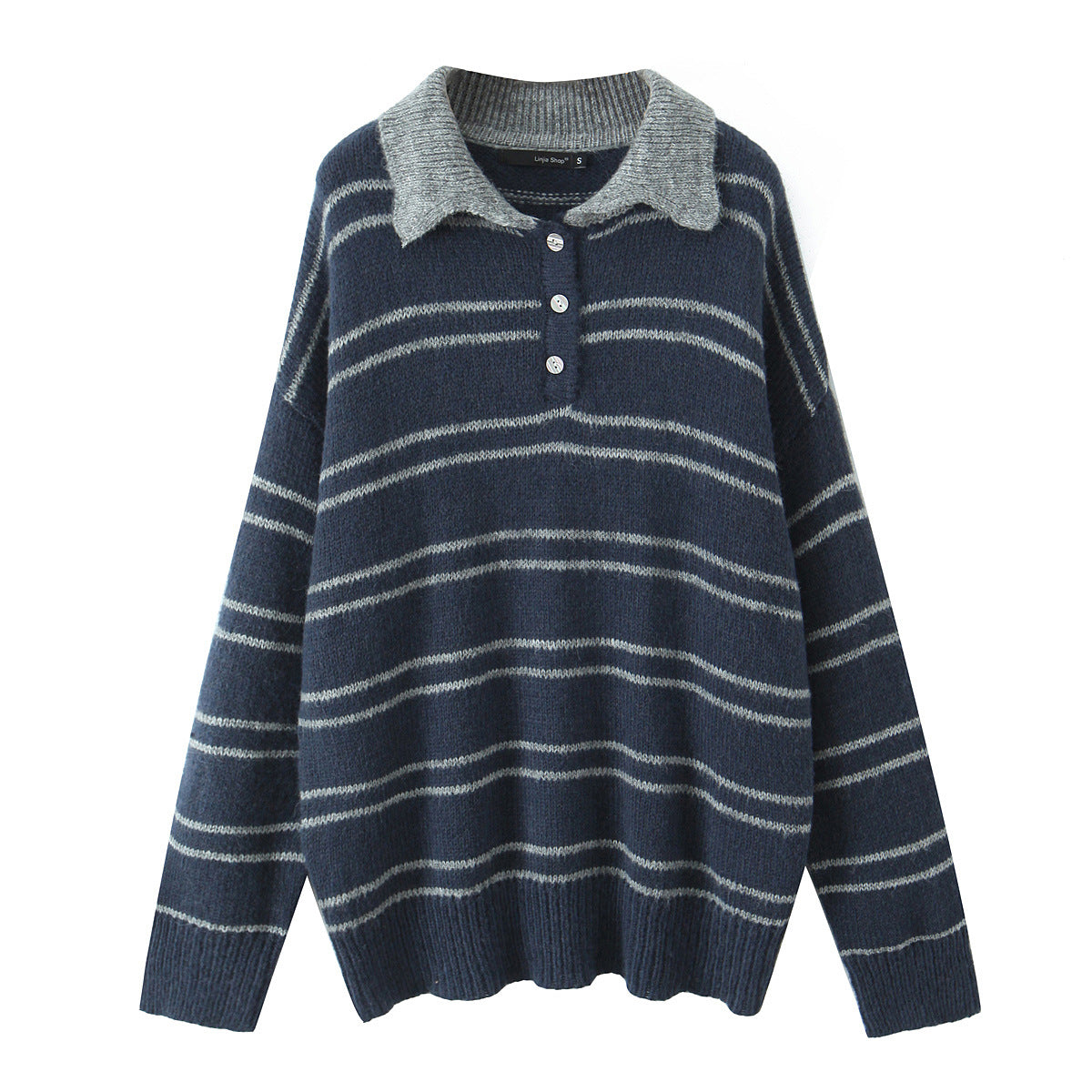 Striped lapel pullover loose knit sweater