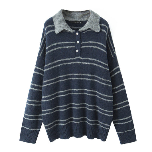 Striped lapel pullover loose knit sweater