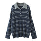 Striped lapel pullover loose knit sweater
