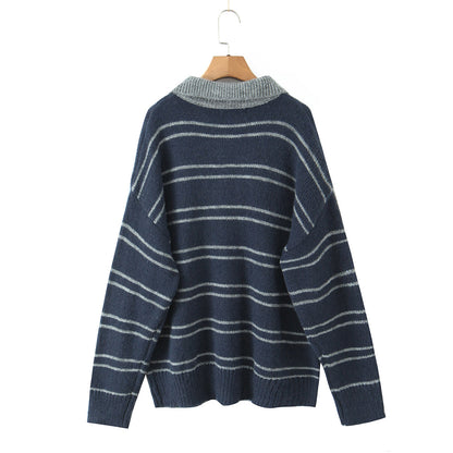 Striped lapel pullover loose knit sweater