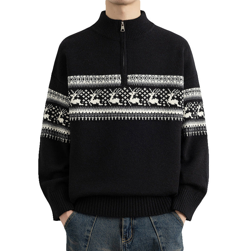 Casual Color Block Long Sleeve Half Zip Stand Collar Men's Sweater