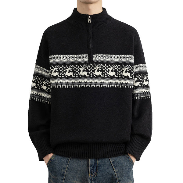 Casual Color Block Long Sleeve Half Zip Stand Collar Men's Sweater