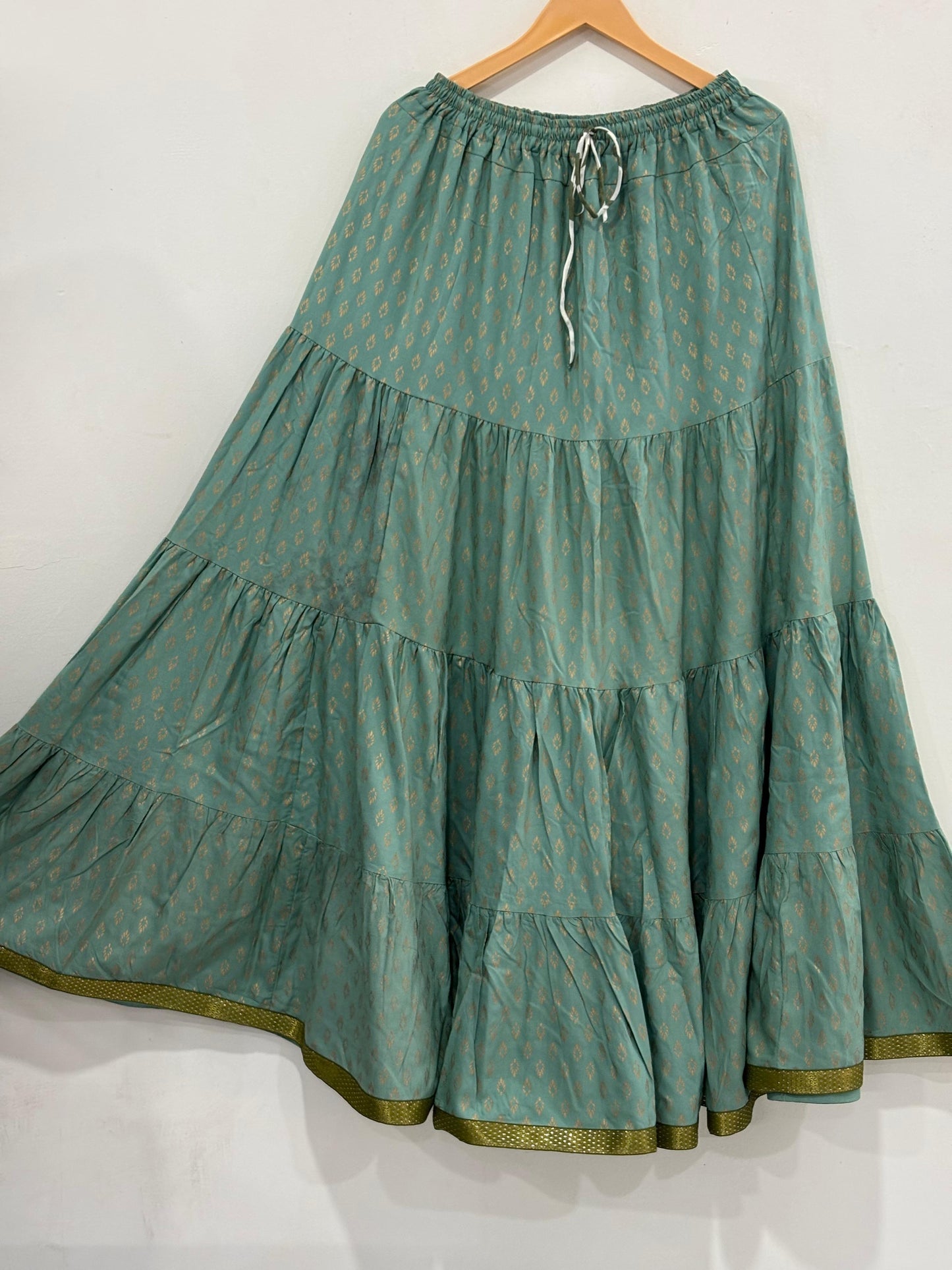 Blackfever Women's Sage Green Maxi Skirt - 100% Cotton with Gold Print