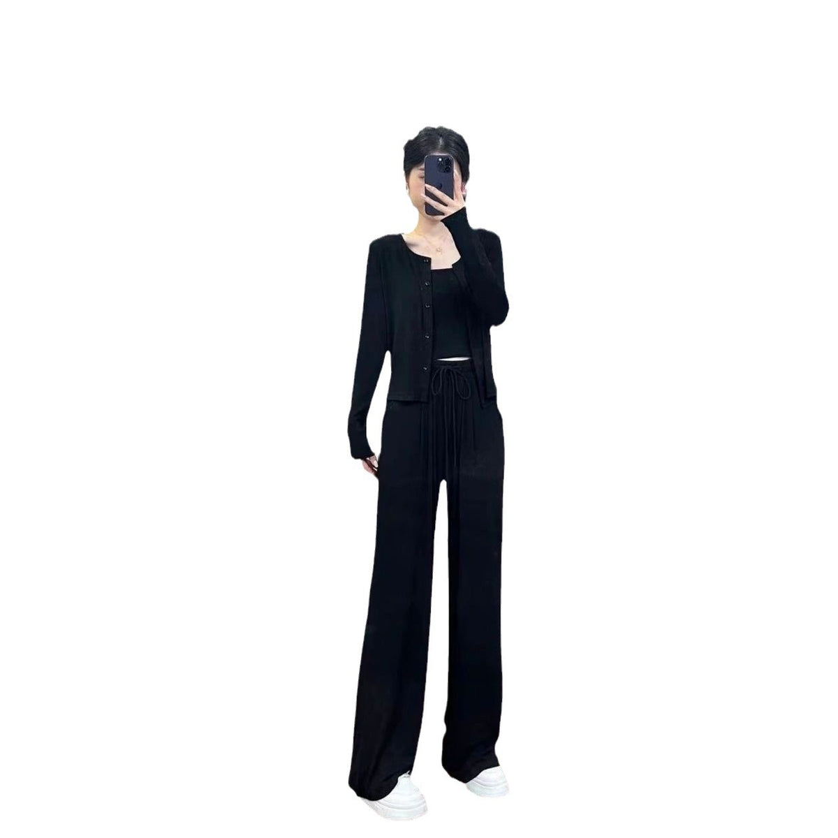 Wide-Leg Pants with Cardigan Jacket, 3-Piece Women's Outfit