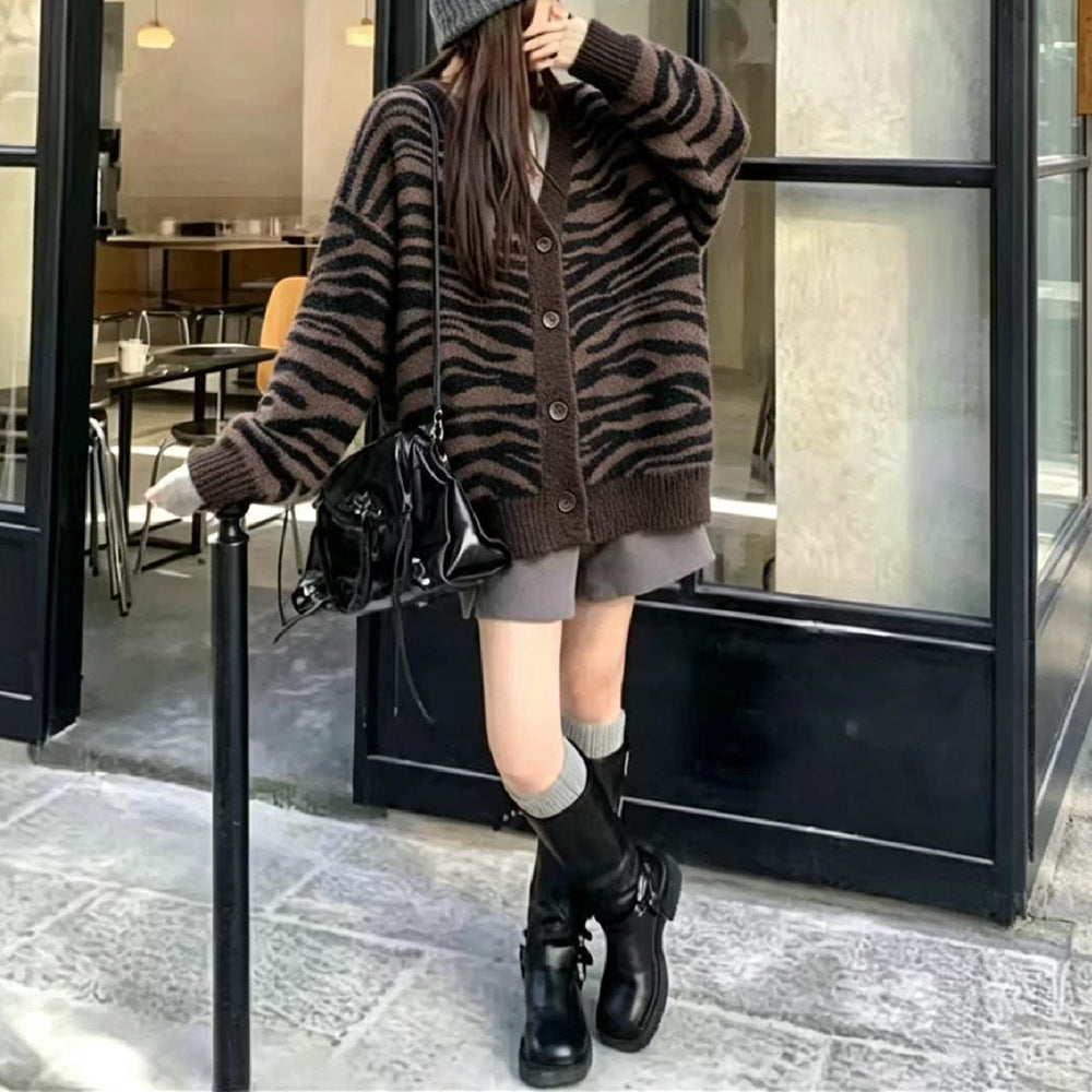 Zebra striped color blocked loose V-neck sweater