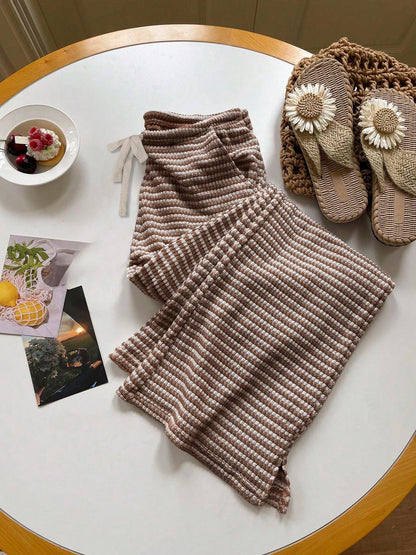 Loose striped drawstring waistband pocket casual pants