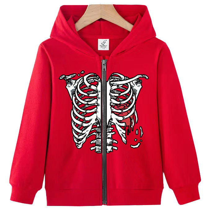 Ribbed Heart Print Zip-Up Casual Loose hoodies