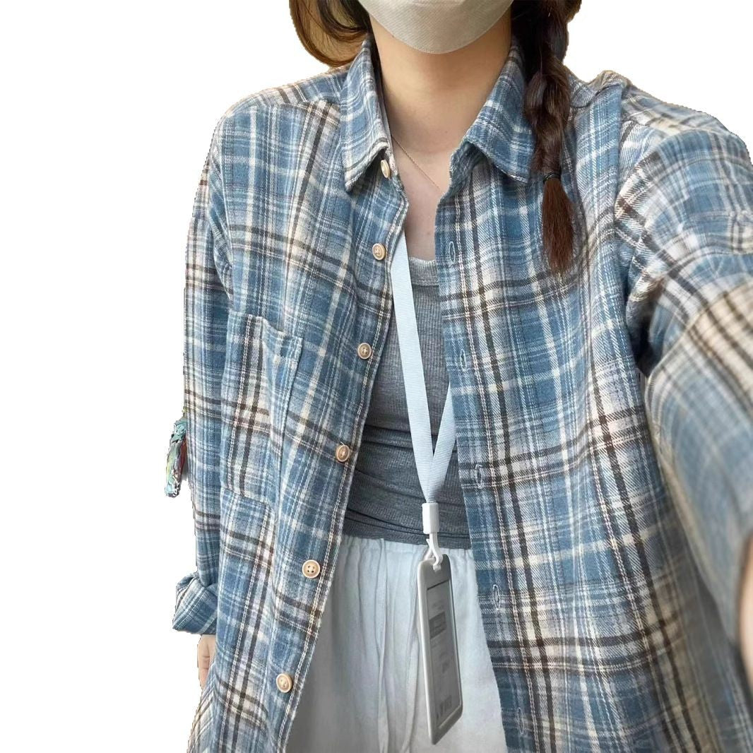 Blue Plaid Long Sleeve Shirt Women's