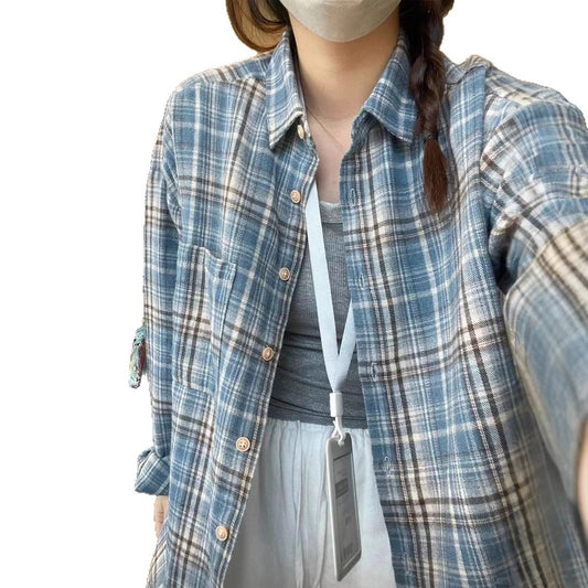 Blue Plaid Long Sleeve Shirt Women's