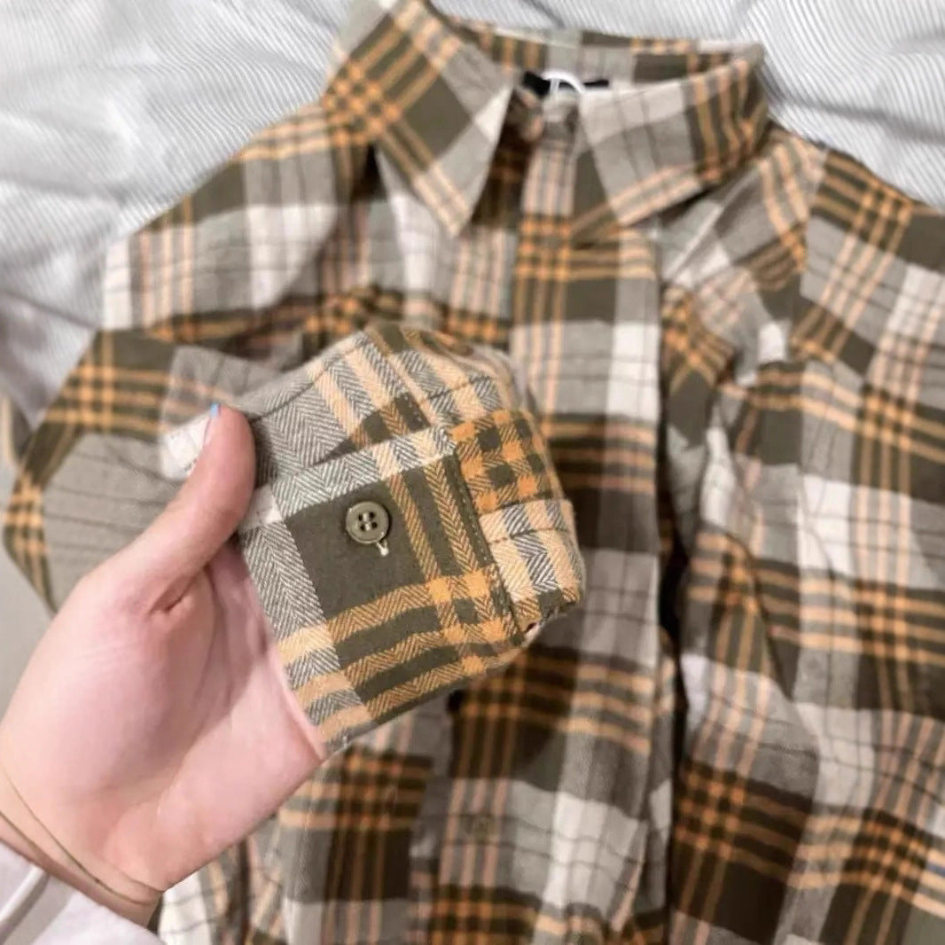 Style Plaid Shirt Women's Casual Loose Fit Polo Collar Long Sleeve