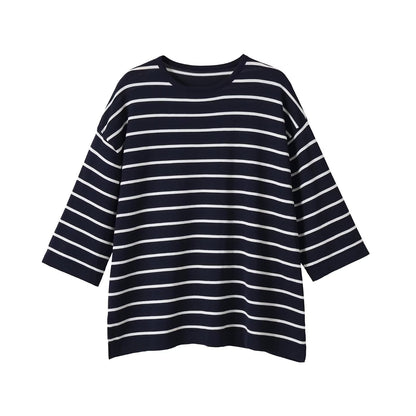 striped round neck knitted sweater for women