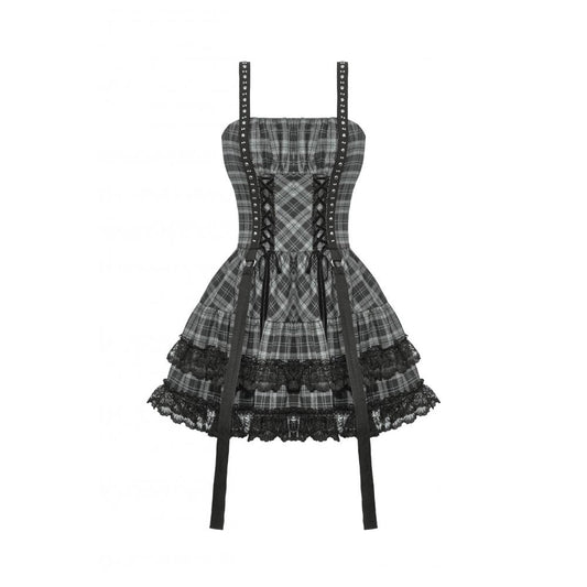 Dark in Love Ida Punk Grey Tartan Metal Studded Dress