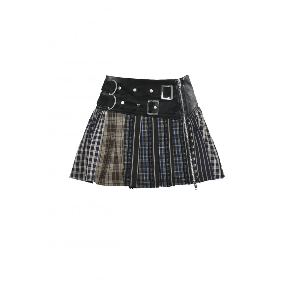 Mini-jupe plissée Dark in Love en patchwork tartan sauge et taille en cuir