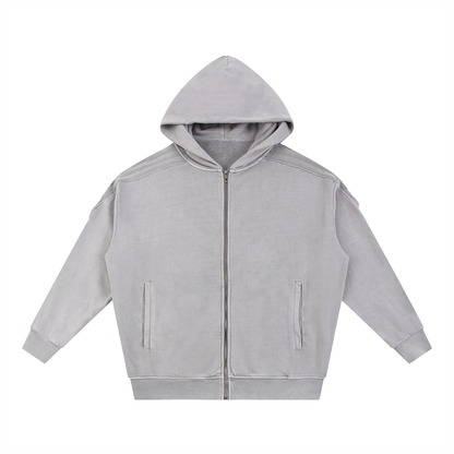 Snow Washed Tape Raw Edge Zip Hoodie 420GSM