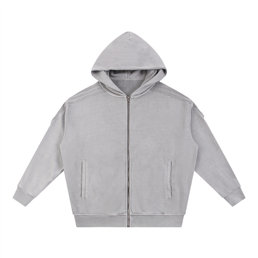 Snow Washed Tape Raw Edge Zip Hoodie 420GSM